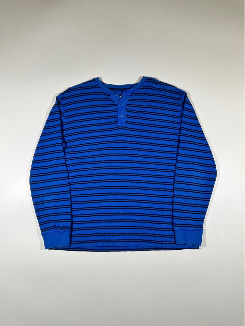 Chaps Blue Black Striped Henley Thermal Long Sleeve Shirt Men's Waffle Knit